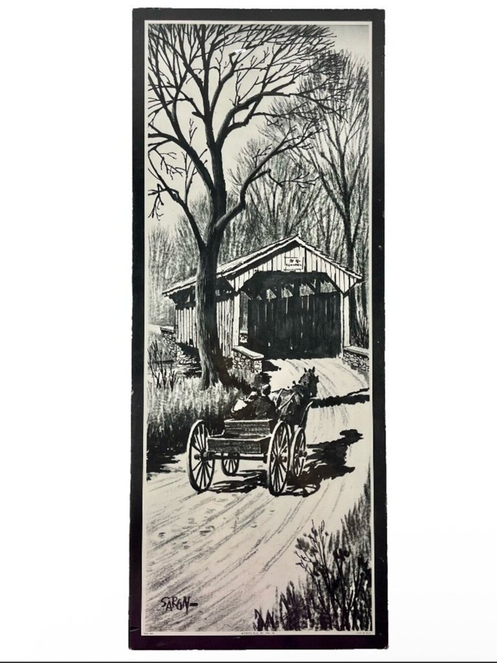 Vintage Litho 1960's Horse Buggy Covered Bridge Print Cork Art Black & White New
